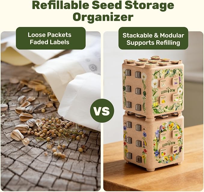 Lush&Dew SeedStack Starter Pair, Gardening Gift, 38 Types Veggie Herb Seeds | Seed Storage Organizer, USA Sourced Heirloom Seed Kit for Planting Outdoors Indoors, Raised Garden Beds, Gift for Women Men