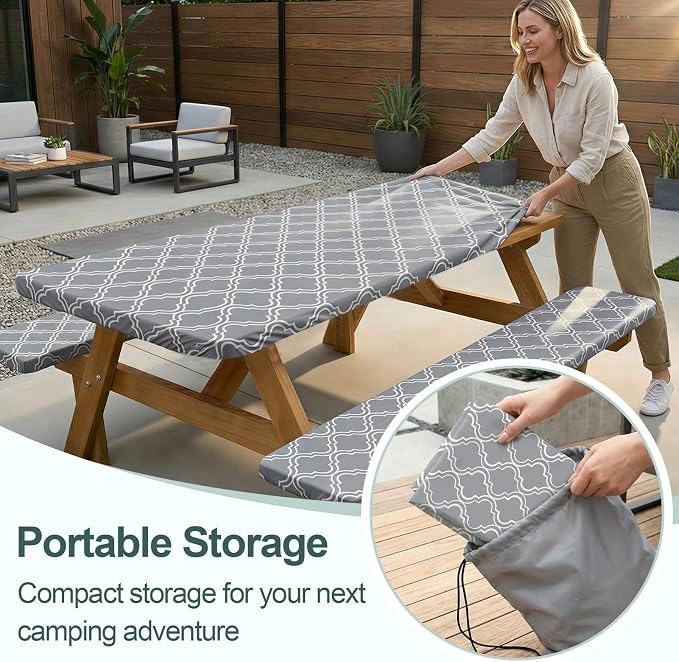Play Tailor Picnic Table Cover with Bench Covers Camping Essentials Waterproof Windproof Camping Tablecloth with Drawstring Bag, Fitted Rectangle Tables and Seats, 72in, Grey