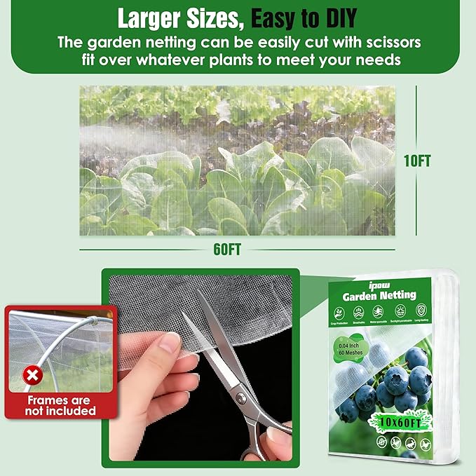 10 X 60FT Garden Mesh Netting Ultra Fine Mesh Netting Pest Barrier, Insect Bug Bird Netting for Vegetables Fruit Flower Garden Protection, Thickened 60 Mesh Row Covers Fabric Screen from Birds Bugs