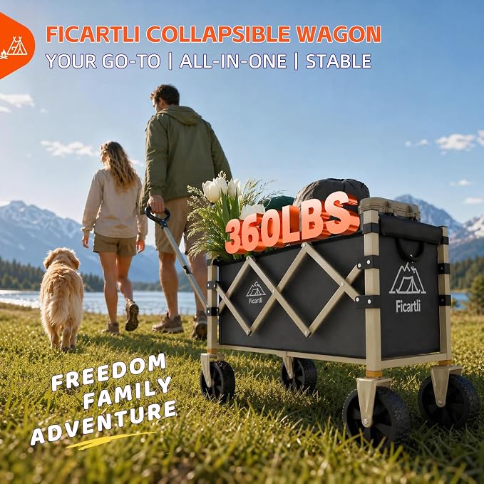 Collapsible Wagon 360LBS Heavy Duty Foldable Utility Cart | Beige Anti-Rust Frame, Black 600D Fabric Removable Liner, Tempered PU All-Terrain Wheels, Fold for Camping Garden Grocery