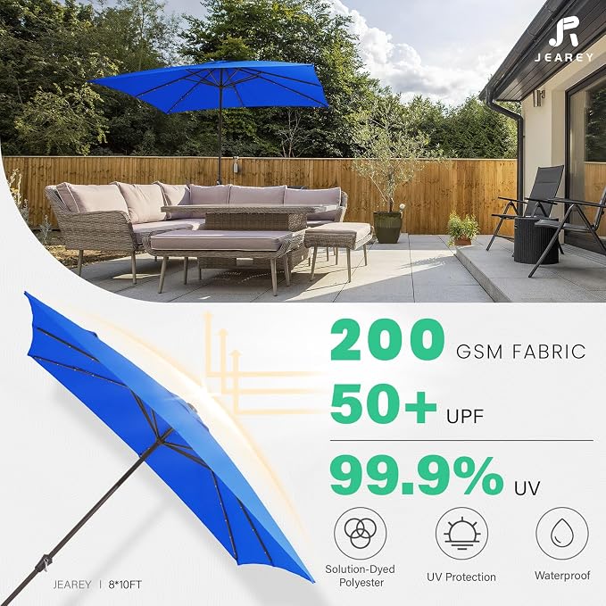 JEAREY 8x10 ft Rectangular LED Lighted Patio Umbrellas Outdoor Solar Table Market Umbrella w/Crank, 8 Sturdy Ribs, UV Protection Waterproof Sunproof(Royal Blue)