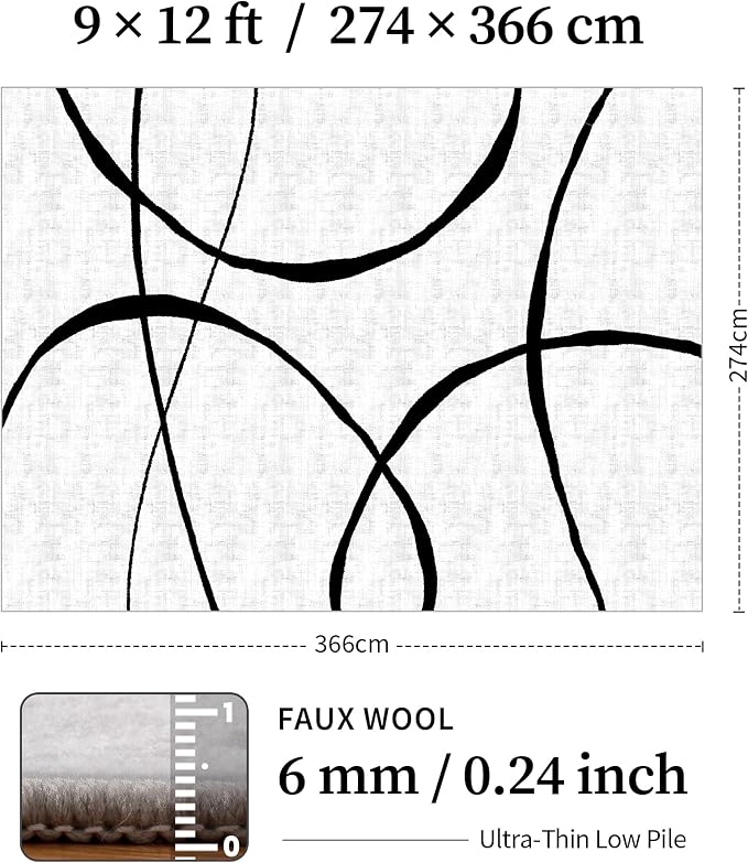 9x12 Washable Modern Abstract Black White Area Rug | Ultra-Thin Low Pile, Non-Slip TPE Backing, Soft Stain Resistant, Machine Washable, for Hallway Entryway Laundry High Traffic