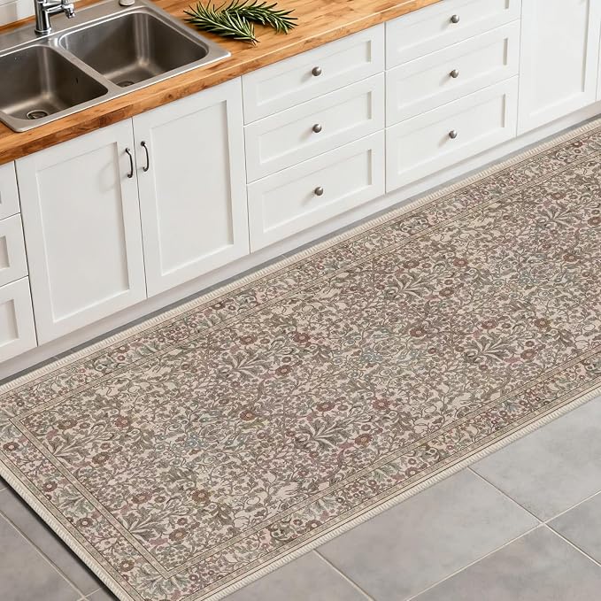 Washable 2'6" x 8' Runners for Hallways, Non Slip Long Floor Runner for Kitchen, Entryway Indoor, Stain Resistant Rubber Backing Floral Decor Rug (Moss)