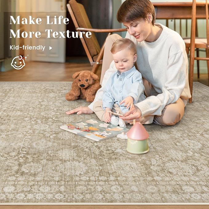 6x9 Area Rugs for Living Room: Washable Vintage Floral Rug Low Pile Non-Slip Boho Carpet for Nursery Bedroom Dining Room (Brown, 6'x9')