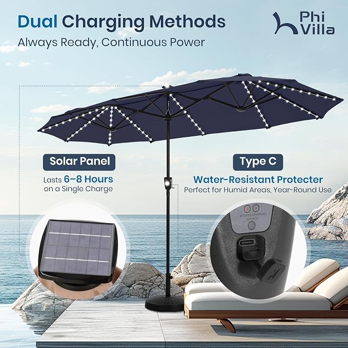 PHI VILLA 13ft Patio Umbrella with Solar-Powered 120 PCS LED Color-Changing Lights, Triple-Head Large Rectangle Umbrella Outdoor Patio for Table with Crank Lift,Navy Blue(No Base)