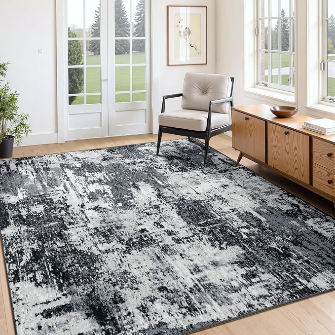 RELEANY Washable 7'x9' Abstract Area Rug for Living Room Black White | Carpet for Bedroom, Kitchen, Office, Hallway and Entryway, Printed Pattern, Non‑Slip, Soft, Stain‑Resistant, Easy to Clean