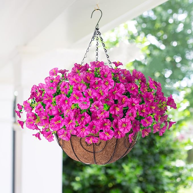 2 Set Artificial Hanging Flowers Baskets Fake Plants for Outdoors Spring Porch Decor, 24 Pcs UV Resistant Faux Silk Morning Glory Eucalyptus with 2 Hanging Planters Realistic for Outside Patio Outdoor