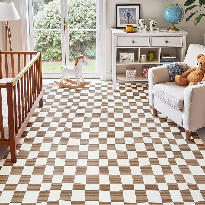 jinchan 6x9 Area Rug Washable Modern Checkered Rug for Kids Room, Brown | Geometric Lattice, Soft, Non-Slip, Floor Carpet, Kitchen, Nursery, Bedroom, Living Room, Dining Room, Nursery, Playroom