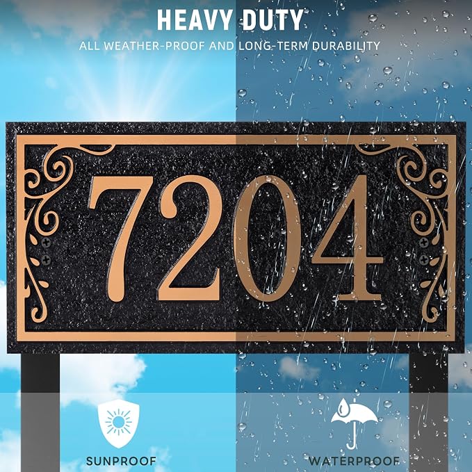 Lawn Address Sign Plaque - Personalized House Number Plaque Sign,Address Numbers for House Large Option Stakes Included (Black/Rose Gold)