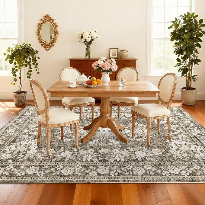 GarveeHome 5x7 Washable Rug for Bedroom Vintage Bordered Carpets | Non-Slip Low Pile Botanical Accent Mats Vintage Flower Throw Floor Cover Floral Rugs for Living Room Dining Room Brown