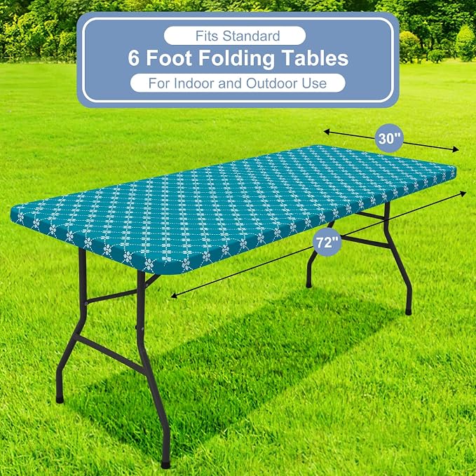 misaya 2 Pack Rectangle Vinyl Table Cloth, Elastic Fitted Tablecloth with Flannel Backing, Waterproof Plastic Table Cover Fits 6 Foot Folding Tables for Picnic, Camping and Outdoor (Teal, 30" x 72")