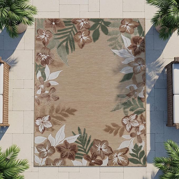 Outdoor Rug 10x14 Washable Area Rugs Indoor Outdoor Carpets Beige Border Floral Non Shedding Waterproof Easy Clean Patio Deck Porch Living Room Bedroom Garden RV (10 X 14 Beige)