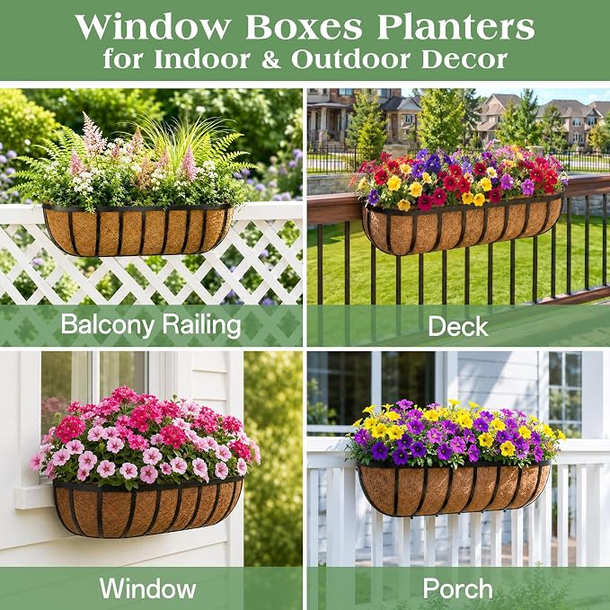 ZeeDix 4 Pack 24 Inch Railing Planter Box, Metal Window Boxes with Coco Liners for Railing, Hanging Flower Boxes for Deck Porch Balcony & Fence Outdoor Indoor Lawn