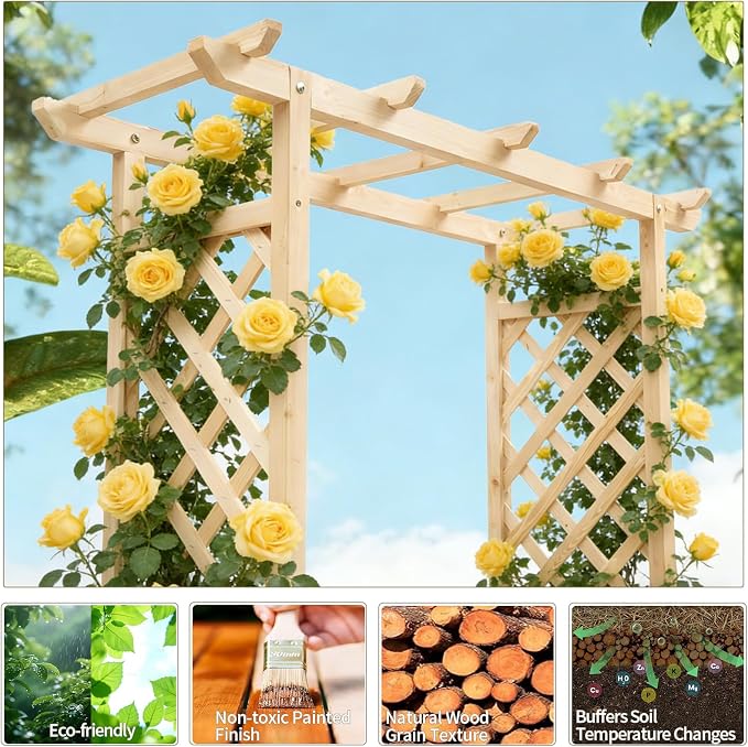 VINGLI Raised Garden Bed with Trellis & Hanging Roof, Wooden Planter Box with Drainage Holes for Outdoor Climbing Plants Vegetables Flowers, Patio Yard Balcony (Natural, Medium)