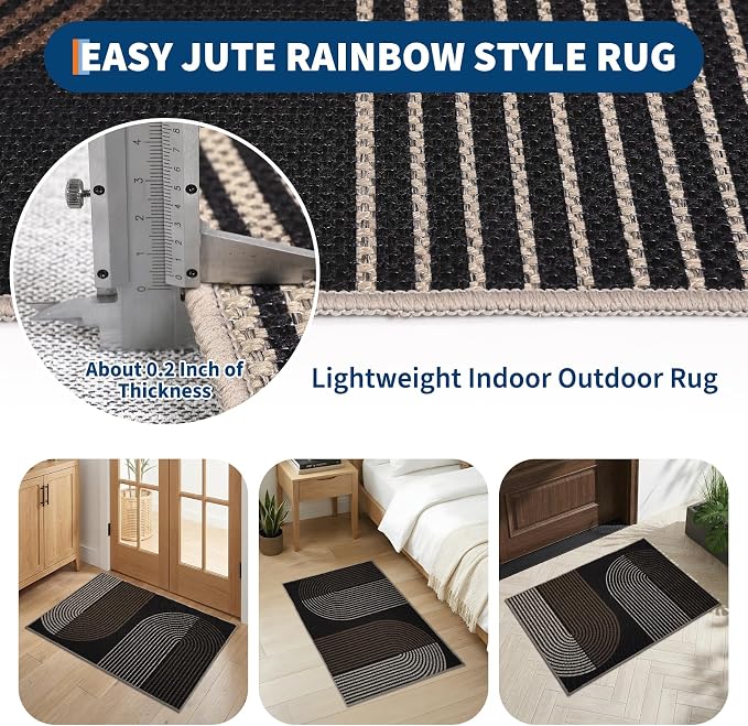 GarveeHome Modern Rainbow Easy Jute 3x5 Patio Rug, Indoor Outdoor Patio & Entryway Mat, Washable Non-Slip Carpet for Mudroom, Farmhouse Decor, Front Door