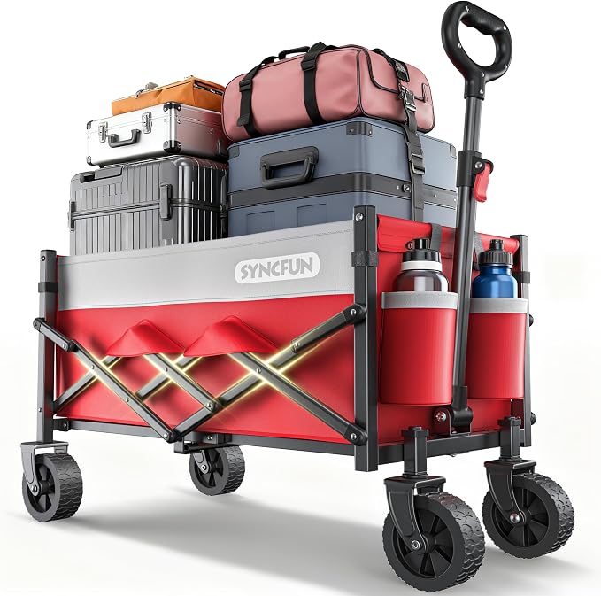 SYNCFUN Collapsible Wagon Cart Foldable, Portable Rolling Shopping Carts on Wheels, All Terrain Folding Sport Beach Wagons for Sand, Heavy Duty Utility Cart for Groceries Fishing 300lbs, Red