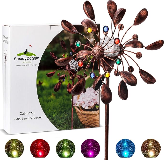 75-Inch Wind Spinners Jewel Cup - Solar-Powered with Multi-Color LED Glass Ball - Metal Kinetic Windmill for Dual Wind Direction - Easy to Assemble Garden and Outdoor Yard Decorations