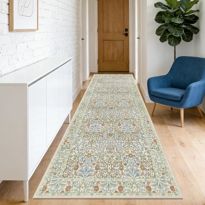 Washable 2'6" x 8' Runners for Hallways, Non Slip Long Floor Runner for Kitchen, Entryway Indoor, Stain Resistant Rubber Backing Floral Décor Rug (Beige Blue)