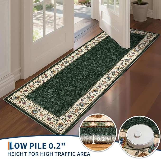 Garvee 8x10 Vintage Floral Washable Rugs for Living Room Bedroom Rug | Green Boho Border Area Rug Stain Resistant Easy Cleaning Throw Rugs Low Pile Floor Cover for Nursery Dining Room Apartment