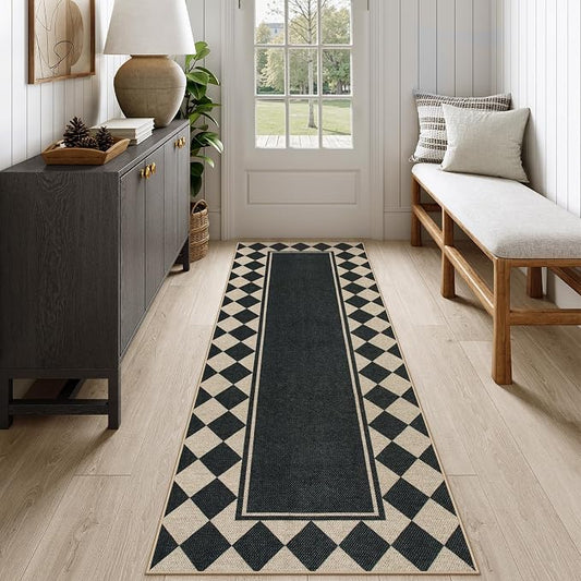 Moynesa Easy Jute Hallways Runner Rugs Washable 2x6 Entryway Rug Runners for Kitchen Black Checkered Indoor Outdoor Carpet for Entryway Patio, Diamond Grid Mat for Bathroom Bedroom Laundry