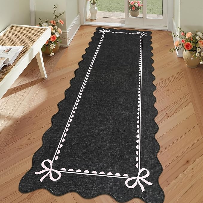 GarveeHome Scalloped Hallway Runner Rug 2.5x10 Non Slip Black Pink Rugs | Washable Bow Rug for Girls Bedroom Dorm Nursery Entyrway Kitchen, Soft Low Pile Ultra-Thin Stain Resistant Indoor Carpet