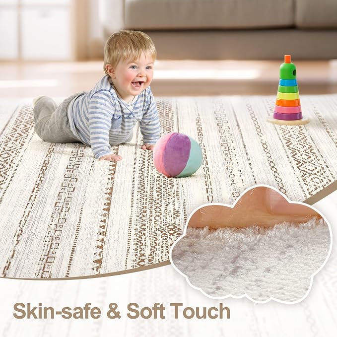 kakania Washable 10x14 Area Rug for Living Room: Boho Geometry Home Decor | Soft Stain Resistant, Low-Pile, Non-Slip, Pet & Kid Friendly, Thin Rug for Bedroom/Dining Room/Kids Dorm - Square Brown