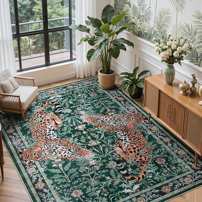 Moynesa Leopard Washable Rugs, 8x10 Area Rugs for Living Room, Soft Large Jaguar 8x10 Bedroom Rug, Non Slip Ultra Thin Floor Carpet for Dining Room Home Office, Green