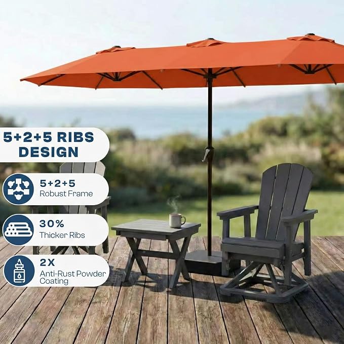 15FT Large Patio Umbrella with Base Included, Double Sided Outdoor Market Umbrella with Flexible Fiberglass Ribs, UV-Blocking Extra Large Umbrella for Garden, Pool, Deck, Terracotta