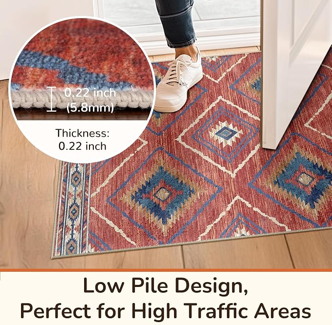 Area Rug 2x3 Rug Machine Washable Non-Slip Low Pile Print Pattern Western Rug for Living Room Bedroom Entryway Tribal Series -Red/Orange | Western No Slip Low Pile Print Foldable Indoor Small Rug for Kitchen entryway doormat