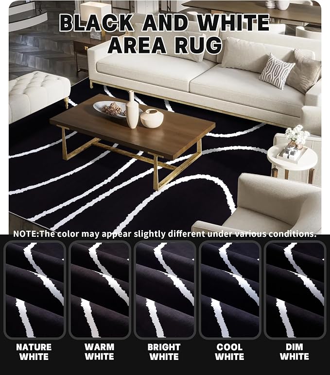 Black Modern Area Rugs 8x10,Large Black and White Rugs for Living Room,Wave Washable Rug 8x10,Thin Abstract Geometric Rug,Minimalist Striped Rugs for Bedroom,Office