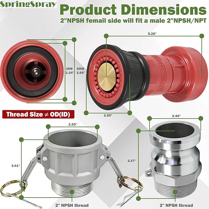 2" NPSH Heavy-Duty Industrial Fire Hose Nozzle with 2 x Aluminum 2 inch Camlock Fittings Couplings Fire Equipment Constant Flow Fog Nozzle
