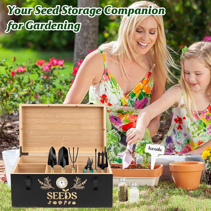 Seed Storage Box with Built-in Hygrometer, Natural Bamboo Seed Saving Box with Seal Design Lid, Safety Lock & Solid Handles, Extra Seed Envelopes and Labels – Great Gift for Gardeners (Black)