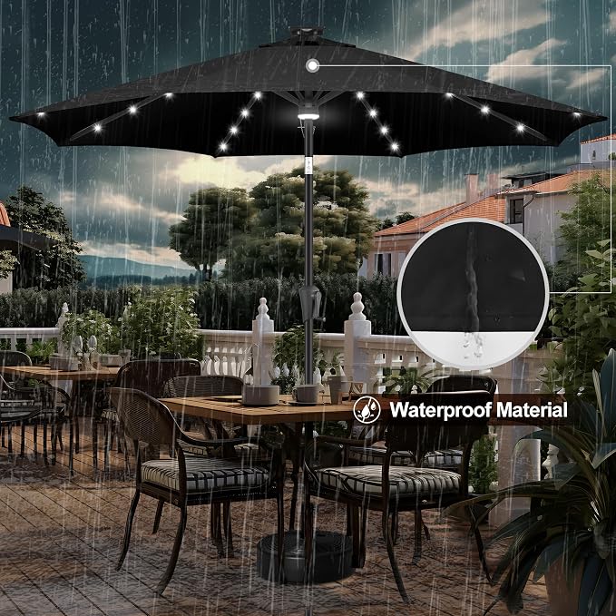 FLAME&SHADE 10 FT Solar Light Patio Umbrella, 40 LED lights outdoor umbrella with Centre Surround Light, Table Market Umbrella for Deck, Pool, Porch, Backyard, Garden, UV Protection, Black