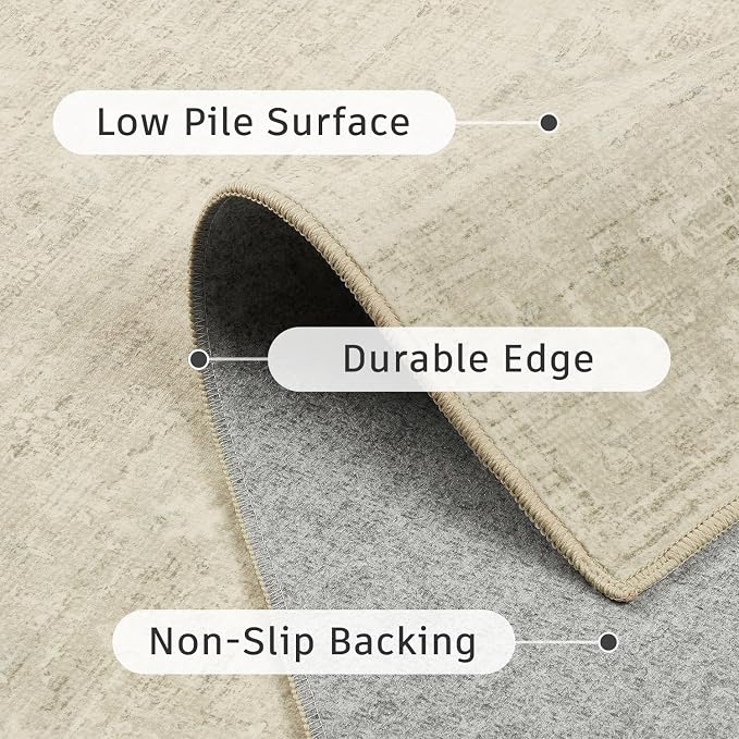 DCX Washable 6x9 Beige Rug, Stain Resistant Rubber Back Non Slip Rug | Kid & Pet Friendly Neutral Floral Rug for Living Room, Bedroom, Home Office, Soft Low Pile Large Nursery Carpet