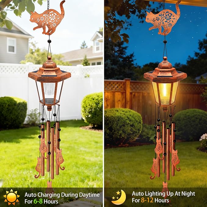 Large Solar Cat Wind Chimes, Gifts for Women Mom Grandma Wife Sister Daughter Neighbor Nana, Classic Bronze Wind Chimes With Wind Catcher, Solar Decor Lights For Outdoor Garden Patio Yard Porch Window