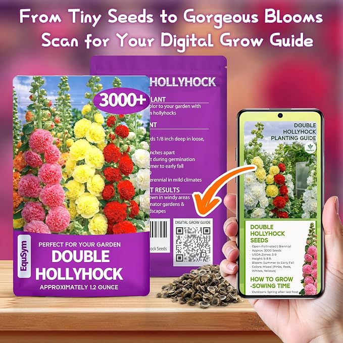 3000+ Double Hollyhock Flower Seeds - Large Bulk Pack, Mixed-Color Tall Hollyhock Seeds, Perfect for Fence Lines & Wall Backdrops, Cottage Garden Style, Beginner-Friendly
