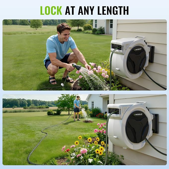 100 FT Retractable Garden Hose Reel for Large Yards, Heavy Duty Wall Mounted Water Hose Reel with Auto Slow Rewind, Any Length Lock & 10-Pattern Nozzle for Watering, Car Washing and Outdoor Cleaning