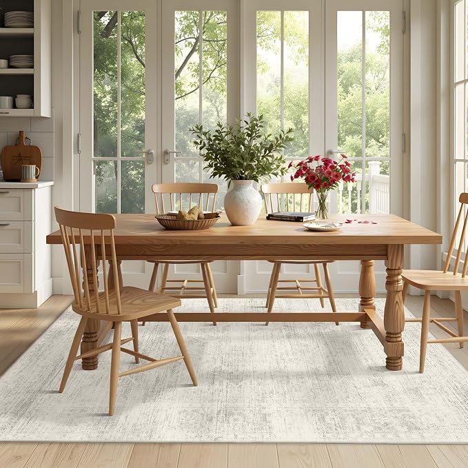 Latte&Fog Vintage 5x7 Washable Neutral Area Rugs, Ivory Rug for Living Room | Non Slip Low Pile Soft Floral Cute Carpet for Dining Kitchen Kids Playroom Nursery Guest Room Classroom Dorm Farmhouse Office