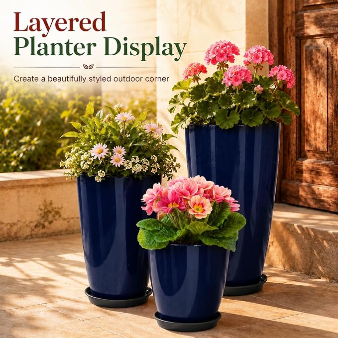 Neoaider Set of 3 Tall Planter, 24/21/12in Large Plastic Planter, Blue | Ceramic-Look, Lightweight, Built-in Drain Hole, Saucers, Tall Outdoor Planter for Porch, Garden, Patio, Balcony
