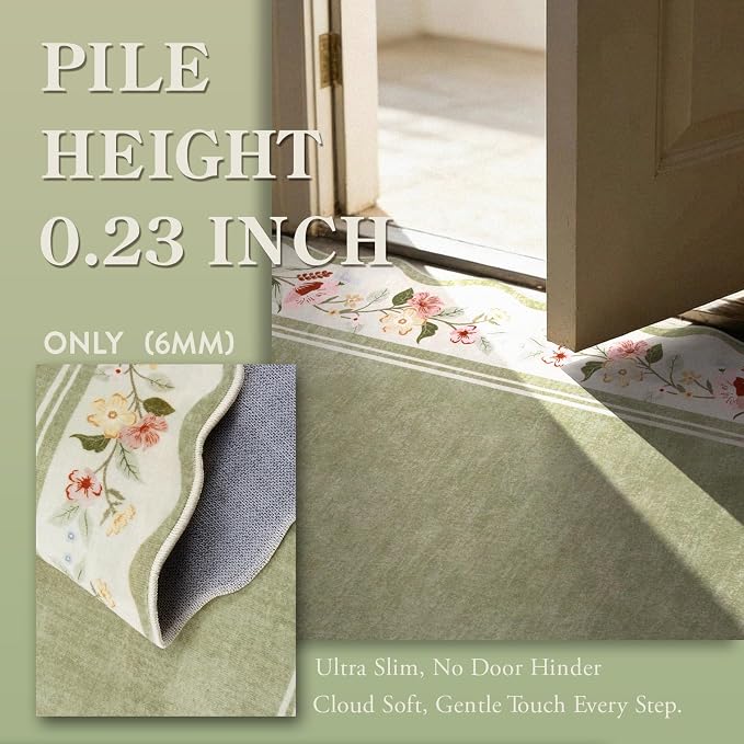 Lahome Floral 2'x 6' Washable Kitchen Runner Rug, Green Rug Runners for Hallways Non Slip, Scalloped Runner Rug Ultra-Thin Stain Resistant Boho Carpet for Entryway Bathroom Bedroom Ariele（Green，2x6ft）