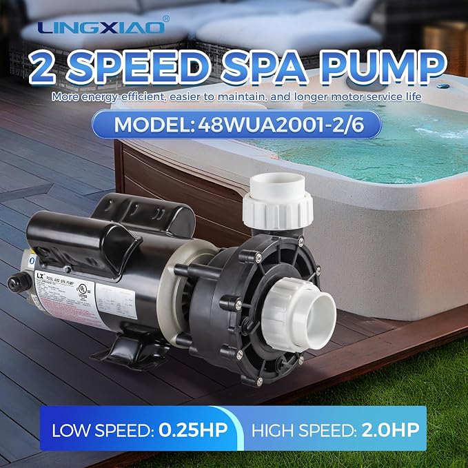 Hot Tub SPA Pump 2HP, 115V, 48 Frmae LX SPA Pump Motor, Energy Efficiency, Low Noise (Model: 48WUA2001-2/6)