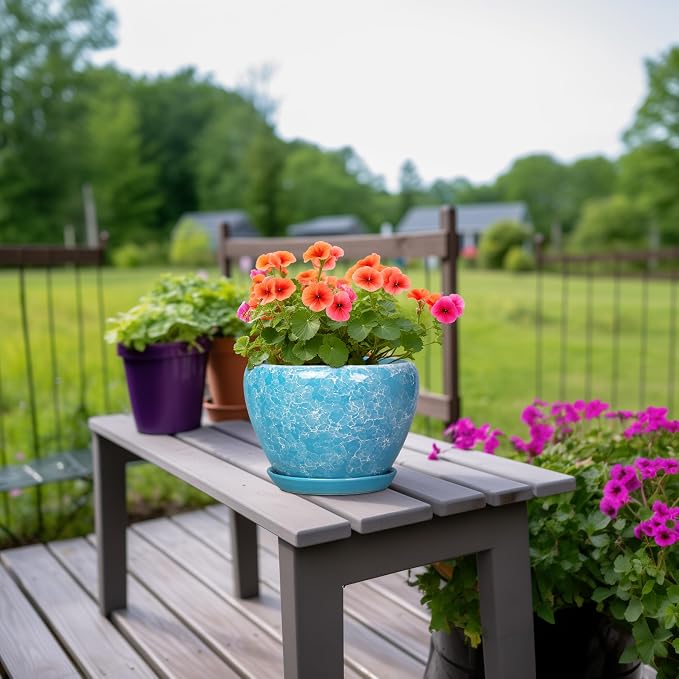 8 Inch Ceramic Planters, Bubble Blue | Drainage Hole and Saucer, Indoor Outdoor, Round Flower Pot, Decorative