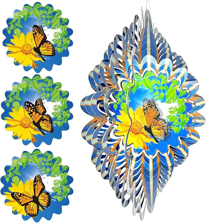 Animated Butterfly Wind Spinner - 12inch 3D Hanging Wind Sculpture | Kinetic Metal Wind Spinners Outdoor Garden Decor Yard Art Ornament, Birthday, Christmas, Housewarming Gifts for Women, Mother