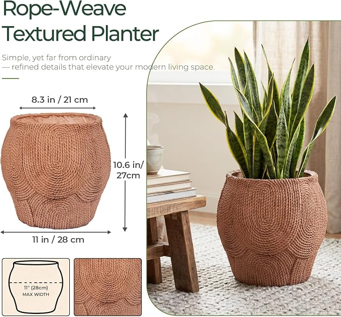 10.6" H x 11" Dia Fiberstone Planter Pot with Drainage Hole, Decorative Flower Pot for Indoor Outdoor Plants, Handcrafted Rope Texture Planter for Patio, Porch, Garden, Home Decor & Artificial Plants