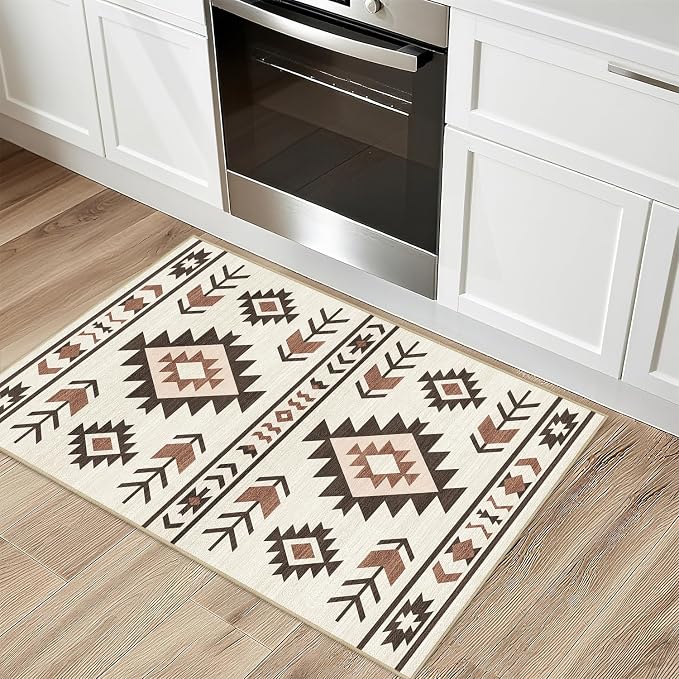 Western Area Rug 4x6 for Living Room, Southwestern Aztec Tribal Area Rugs Southwest Navajo Machine Washable Rug Non-Slip Printed Low-Pile Floor Carpet for Bedroom Dining Room Office, Beige