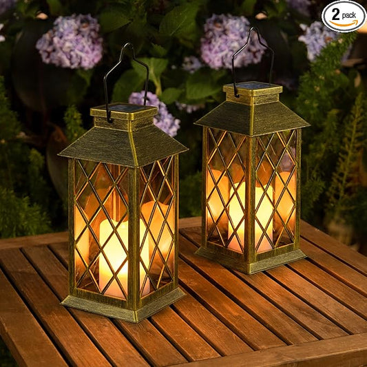 2Pack 10" Outdoor Solar Lanterns Waterproof Garden Patio Lantern Lights Flickering Candle Mission for Outside, Party, Yard, Lawn, Mothers Day Gifts Garden Gifts for Mom Women (Antique Green Bronze)