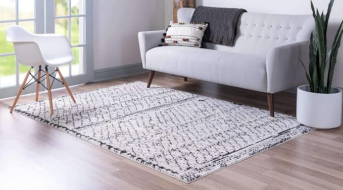 Unique Loom Morocco Collection Abstract Border, Diamond, Bohemian Area Rug (9' 0 x 12' 0 Rectangular, Ivory/Black)