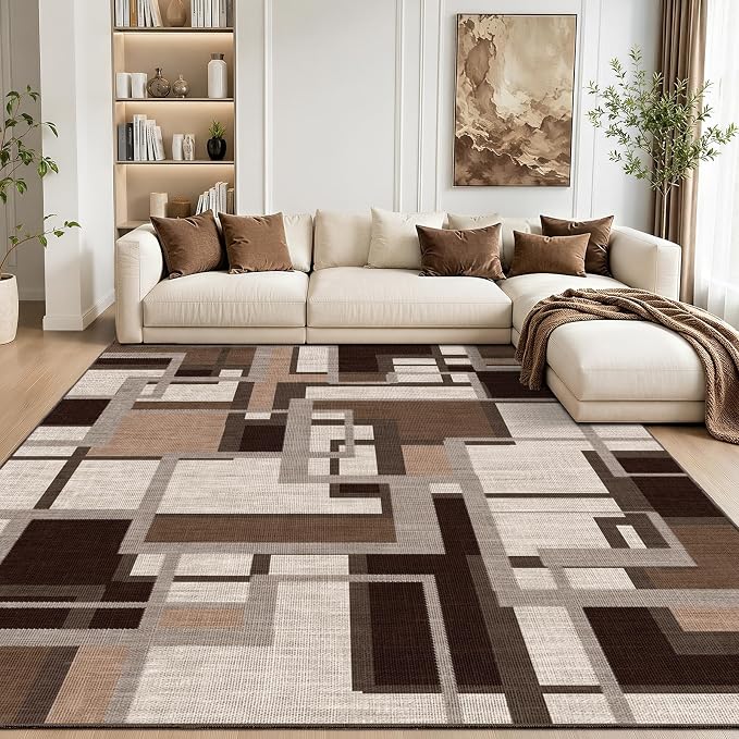 Modern Geometric 8x10 Area Rugs for Living Room, Coffee Brown Washable Rug | Contemporary Patchwork Blocks Non-Slip Indoor Carpet for Bedroom Dining Room Office | Abstract Soft Low-Pile Large Rug
