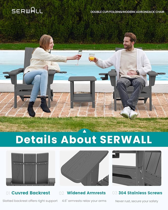 SERWALL Modern Folding Adirondack Chair Set with 9 Ft Umbrella, Folable Adirondack Chairs Set of 2 with Cup Holders, HDPE Fire Pit Chairs for Patio Lawn Garden, Gray (Umbrella Base is not Included)