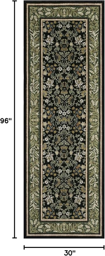 GarveeHome 2.5x8 Runner Rug Non Slip Washable Hallway Runners Green Black | Boho Vintage Runner Rugs with Rubber Backing Soft Low-Pile Stain Resistant Indoor Long Carpet for Kitchen Entryway Bedroom